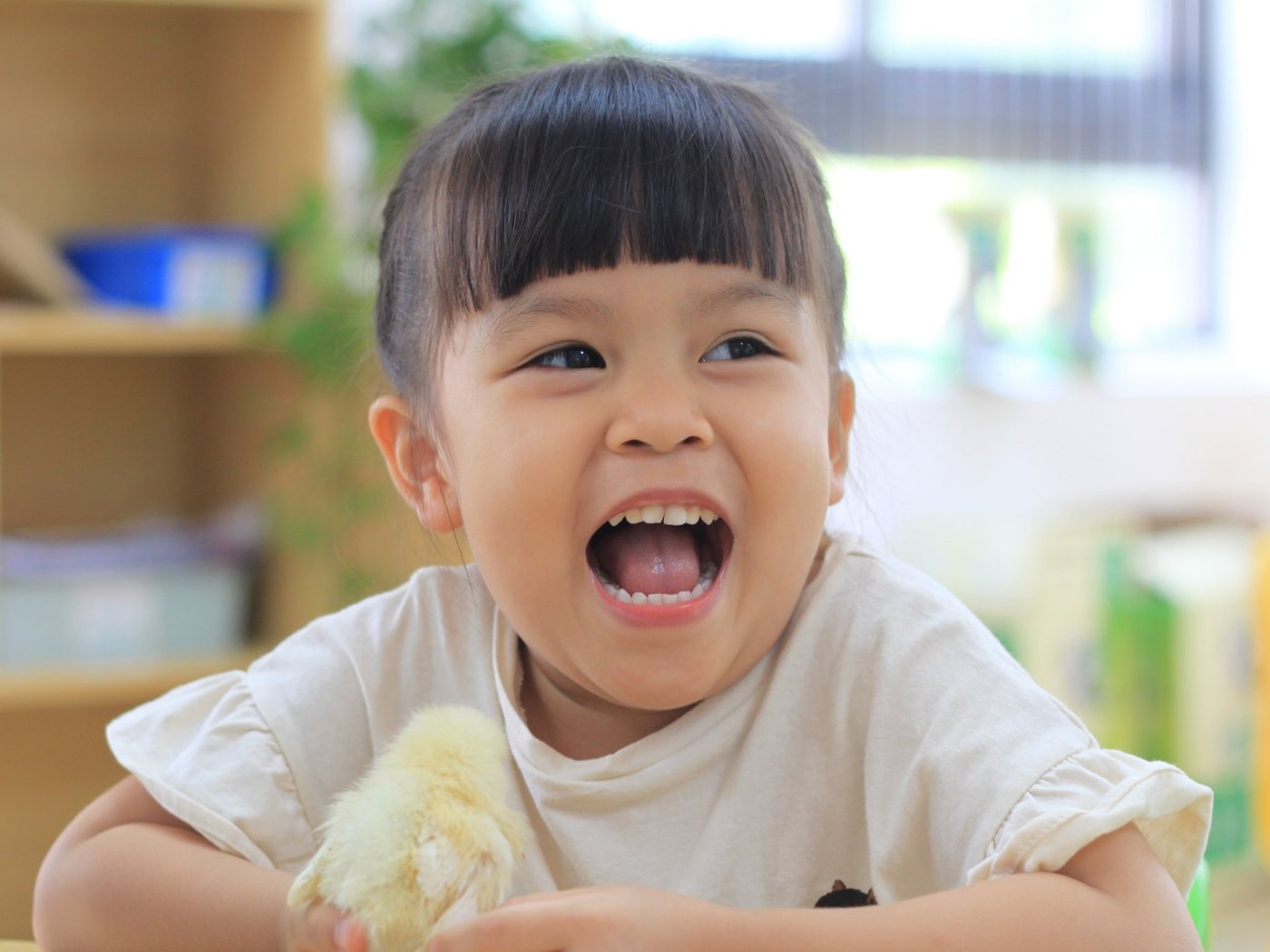 A child laughing as she holds a baby chick